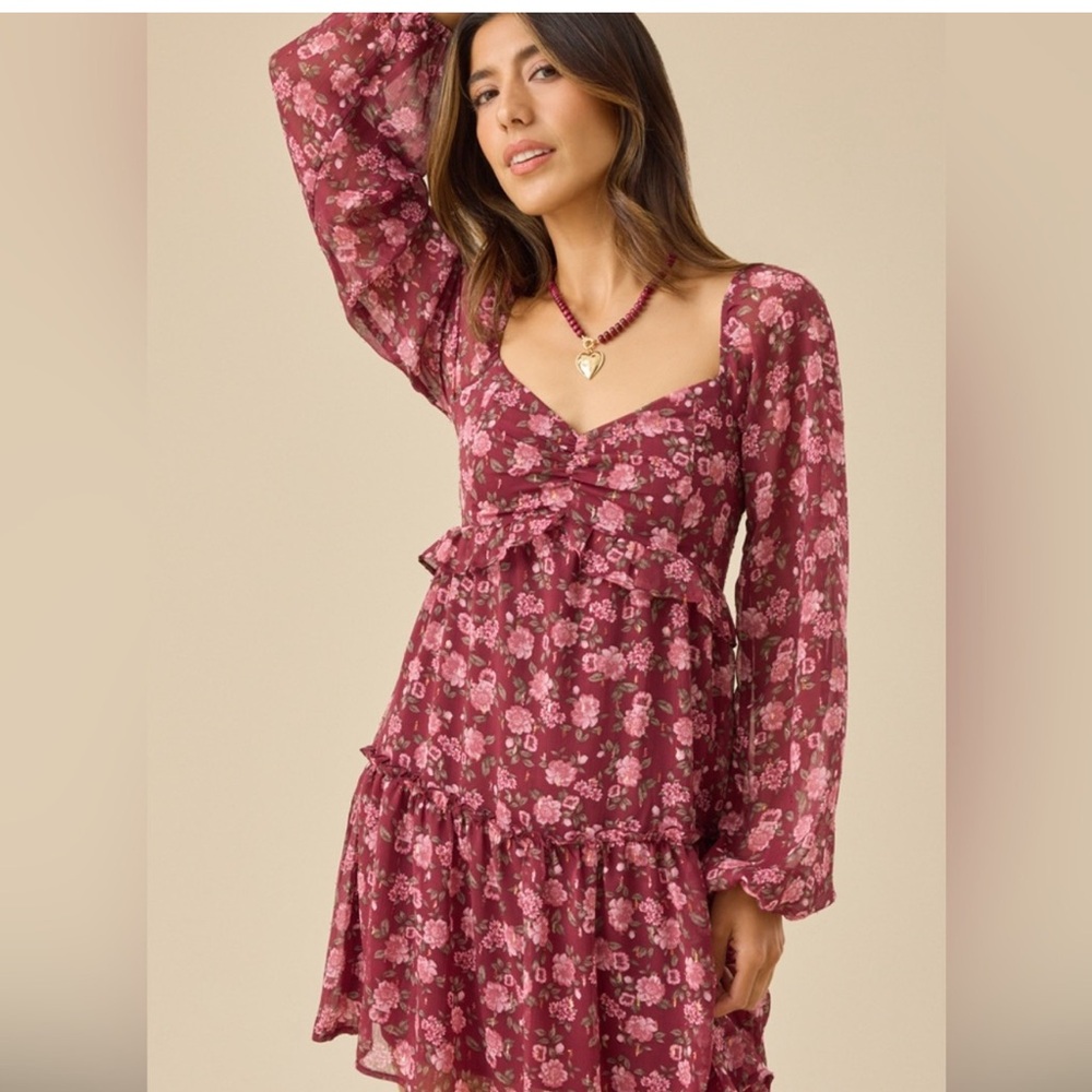 NWT Sz S Altar'd State Burgundy Floral Long Sleeve Mini Dress
